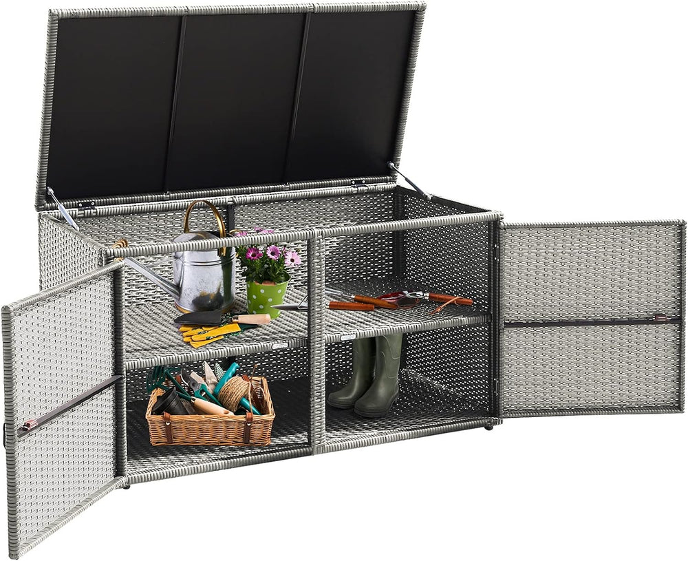 HAPPYGRILL Deck Box Outdoor Patio Pool Storage Box Outside Rattan Wicker Stor...
