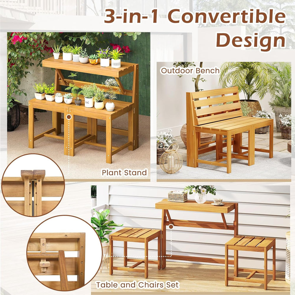 HAPPYGRILL 3-in-1 Acacia Wood Outdoor Dining Table Bench Set