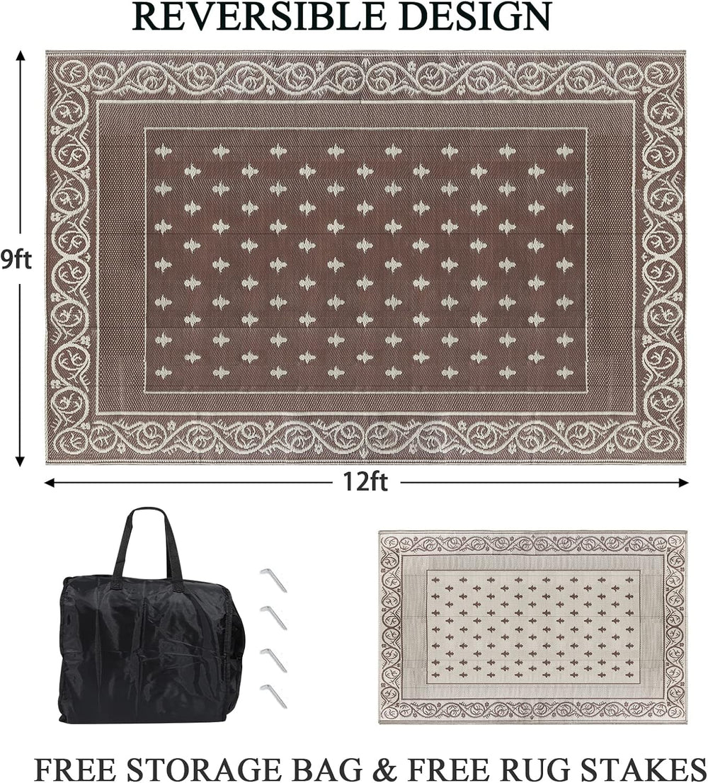 Pauwer Waterproof Outdoor Rug 9x12, Plastic Patio Rug, Bordered Brown