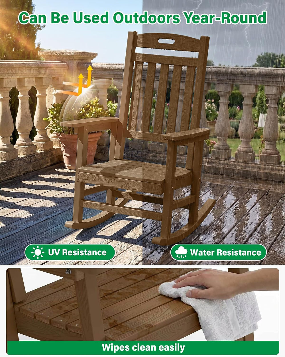 YEFU Outdoor Rocking Chairs Set of 2, HIPS Rocking Chair, Teak