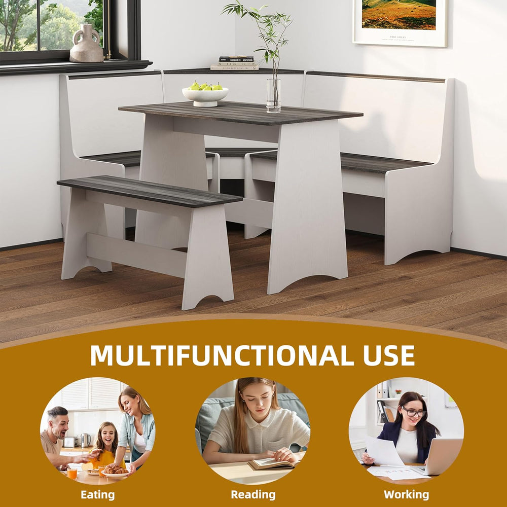 Farmhouse Breakfast Nook Table Set with Corner Bench (White + Gray)