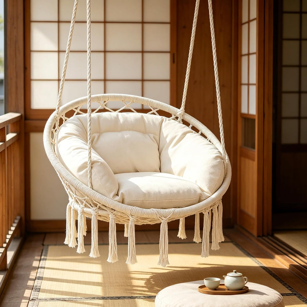 Monibloom Hanging Hammock Chair Macrame Swing with Cushion, Beige