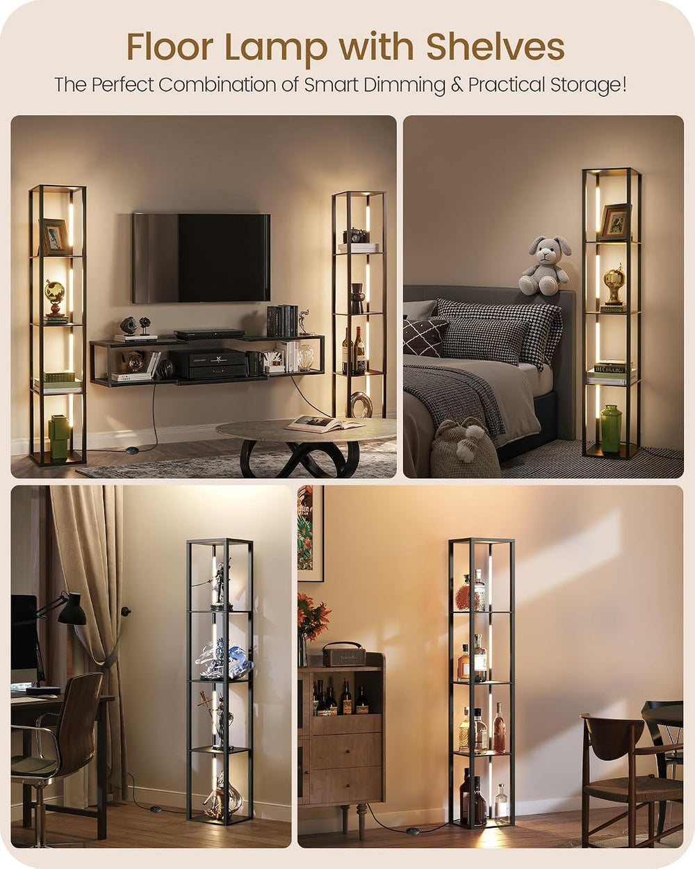 64.2" Display Shelf with Light, Modern Corner Floor Lamp with Shelves, 3...