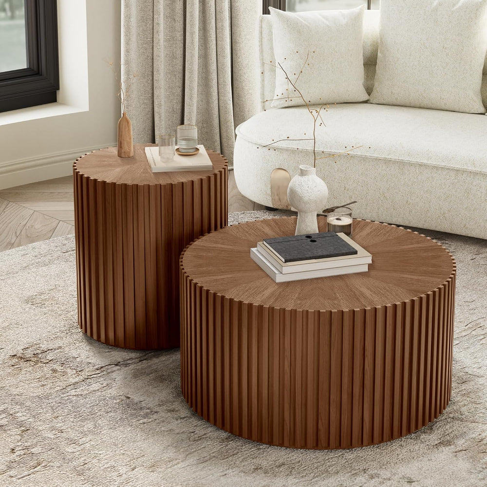 POVISON Round Coffee Side Table, Mid Century Wood End Table, Fluted Side Tabl...