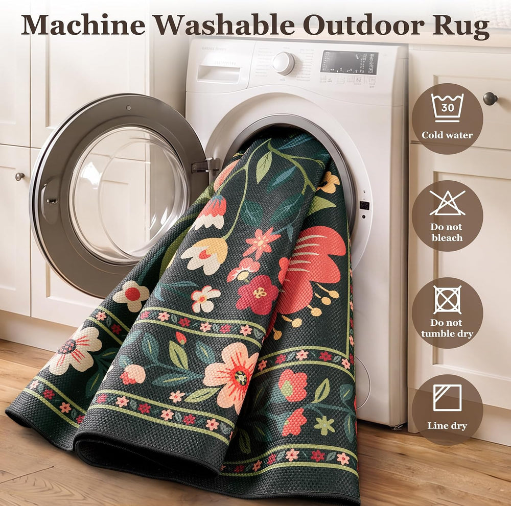 PADOOR Outdoor Rug 5x7 ft, Floral Washable Indoor Outdoor Area Rug, Flat‑Wove...