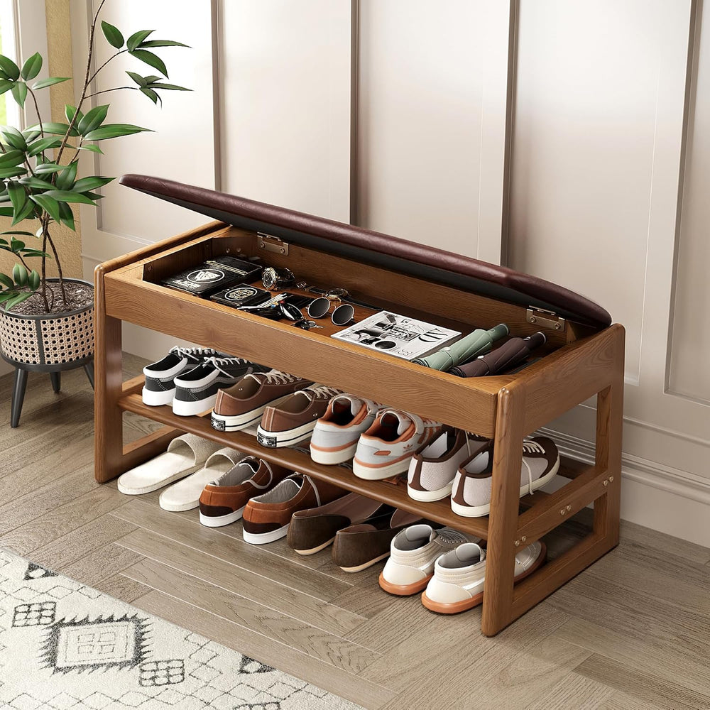 Shoe Rack Bench with Hidden Storage, 2-Tier Solid Rubberwood Entryway Bench w...