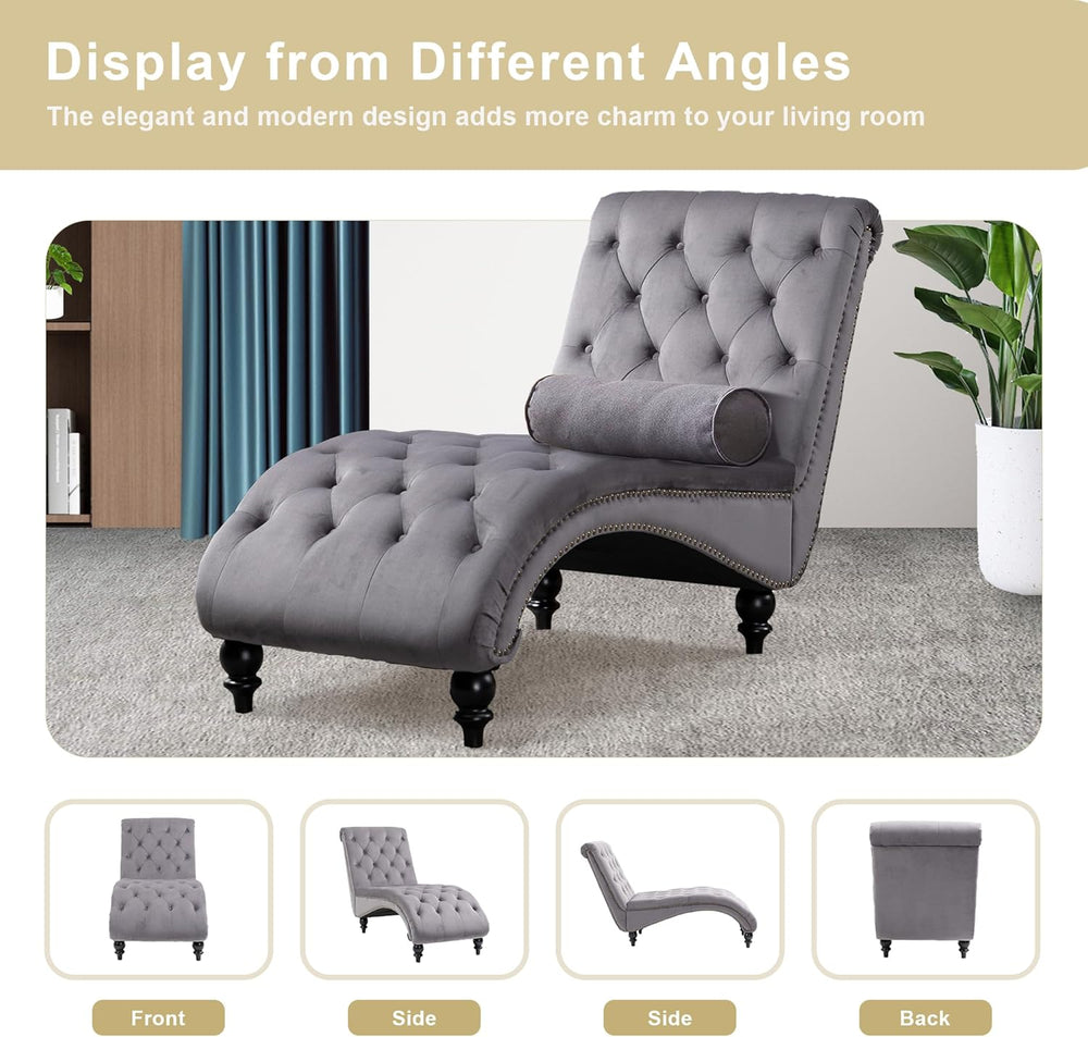 Chaise Lounge Indoor,Velvet Upholstered Lounge Chair Button-Tufted Armless Ch...