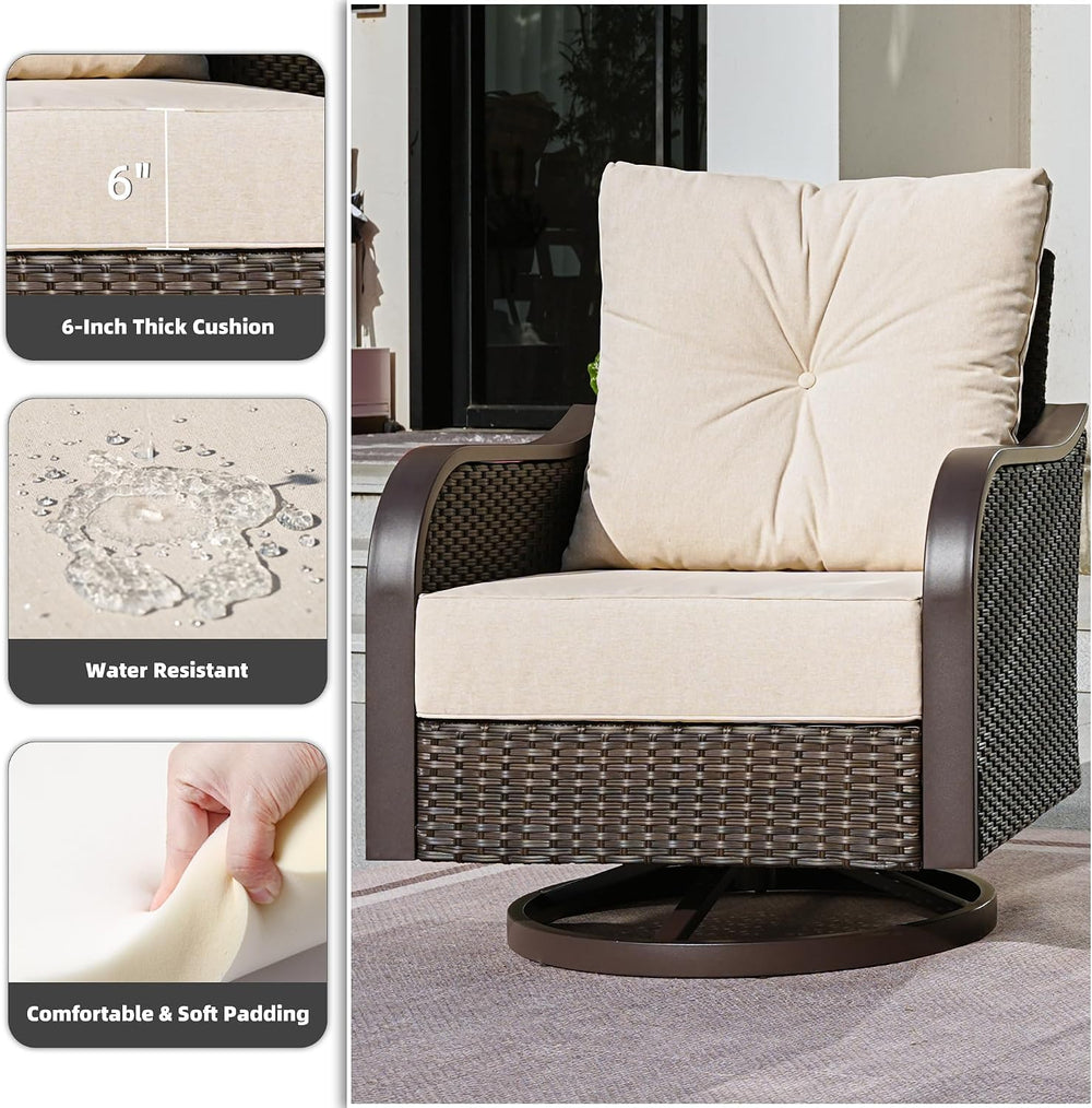 Wicker Swivel Rocking Chairs Set with 6 Inch Cushions, Beige