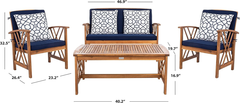 SAFAVIEH Outdoor Collection Fontana Natural/ Navy Blue Cushions/ Geometric Pa...