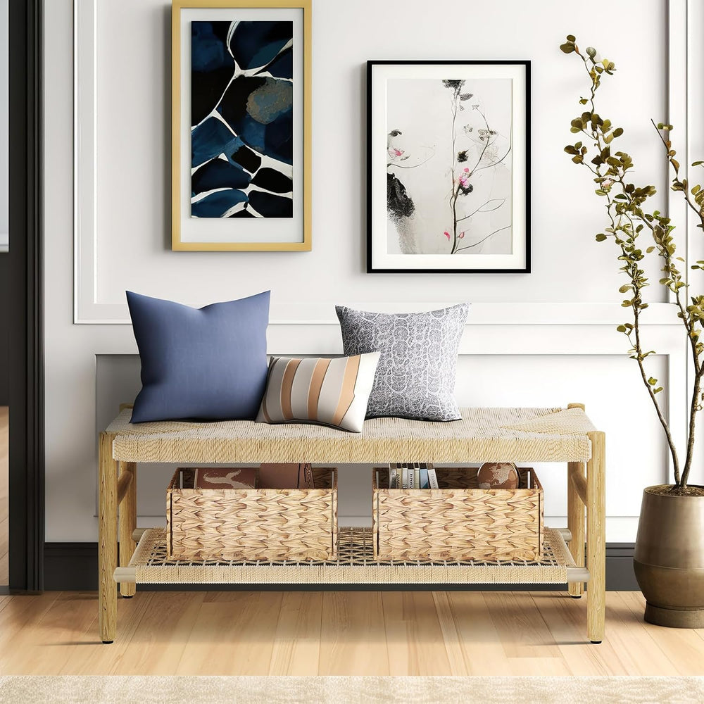 Recaceik Indoor Entryway Bench with Paper Cord Ottoman & Grid Storage Rac...