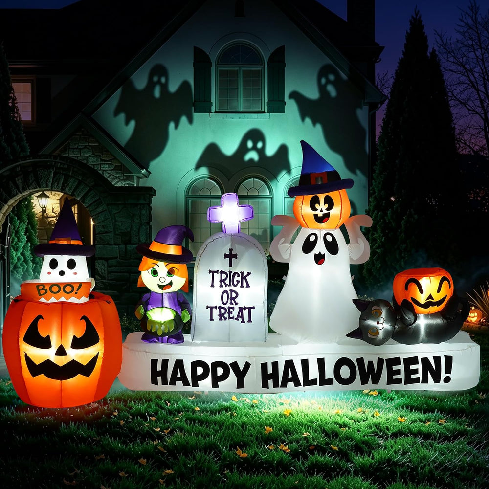 9 FT Long Halloween Animated Ghost Pumpkin Witch Tombstone Cat Inflatables