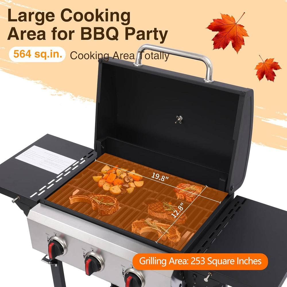 3-Burner Propane Gas Grill with Cast Iron Grates, 38200 BTU output,Foldable S...