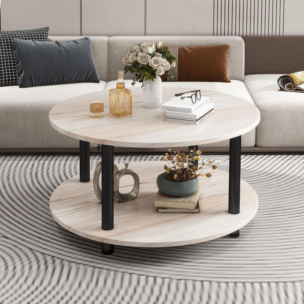 23.6" Round Coffee Table, 2-Tier Small Circle Coffee Table with Storage,...