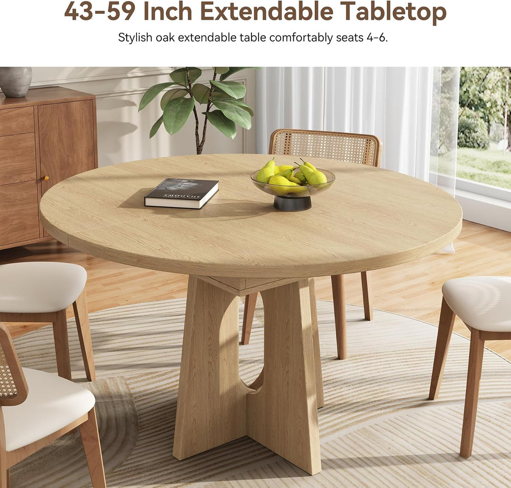 Epecoya 59-Inch Extendable Round Dining Table for Dining Room, Light Oak