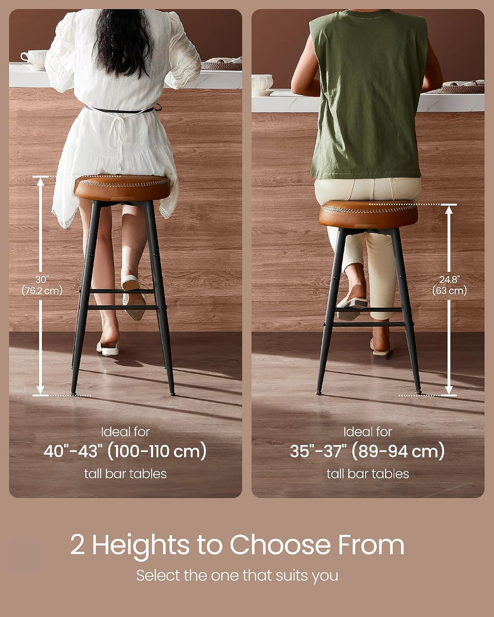 VASAGLE Bar Stools Set of 2, Kitchen Counter Stools, 24.8-Inch Tall