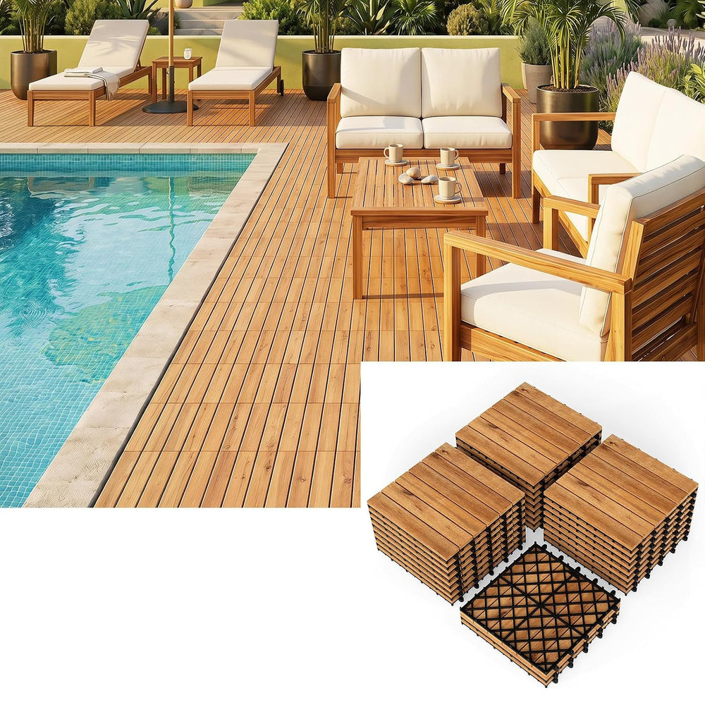 GIANTEX 27 PCS Acacia Wood Deck Tiles, Interlocking Patio Flooring Tiles