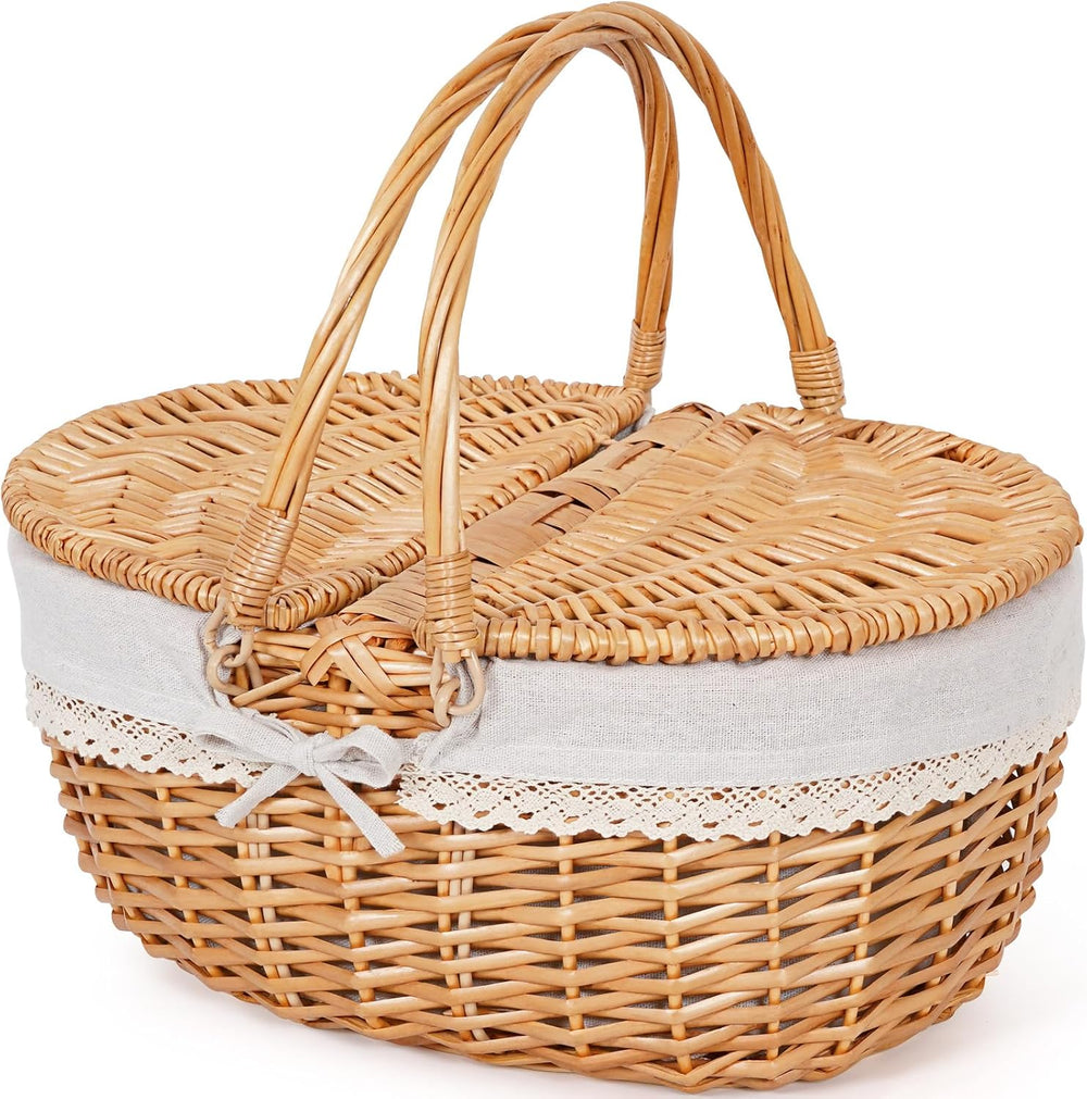 HappyPicnic Wicker Picnic Basket with Handle & Lid, 15" Vintage Hand...