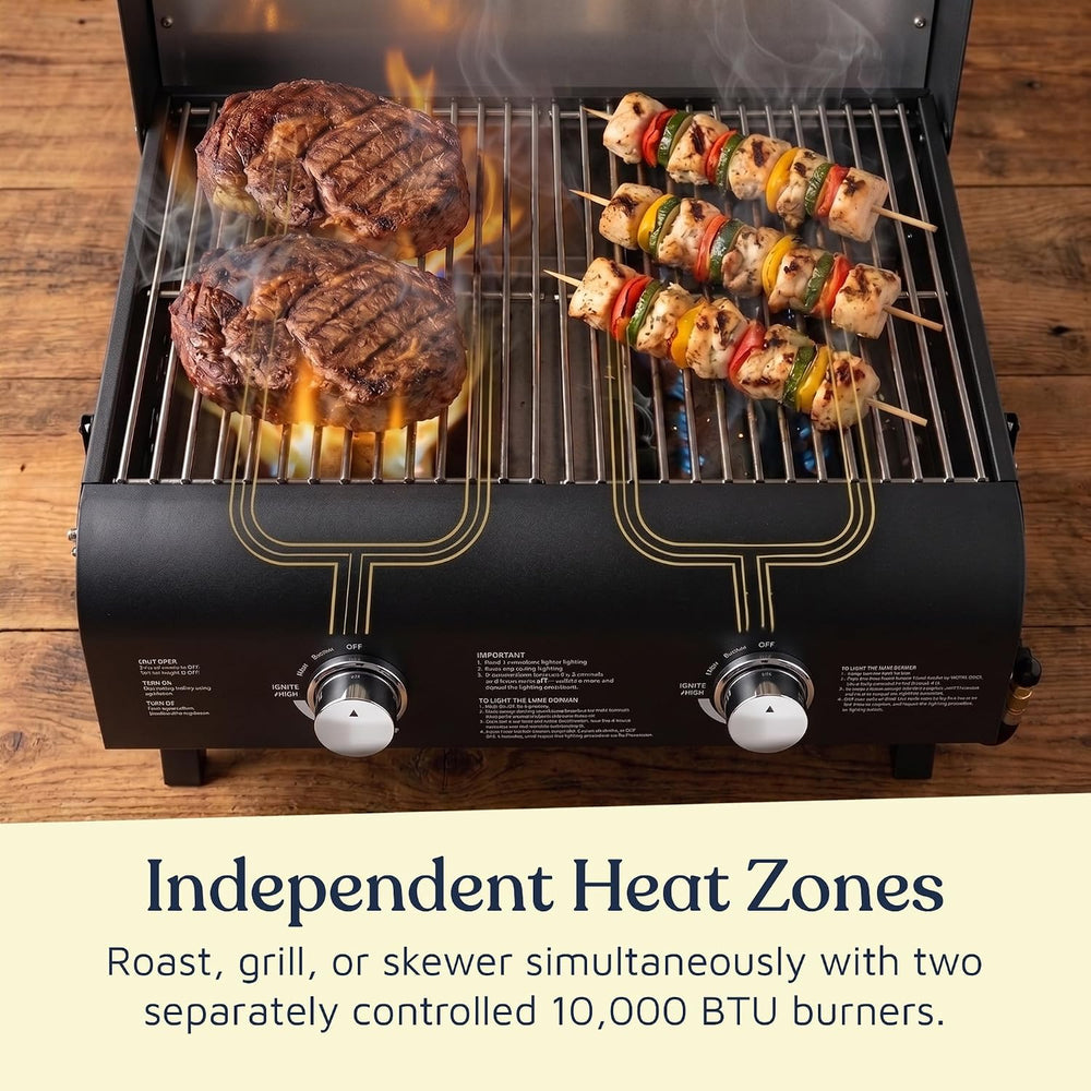 Black Portable Gas Grill, Dual 10,000 BTU Burners, 275 Sq.In Cooking Space, P...