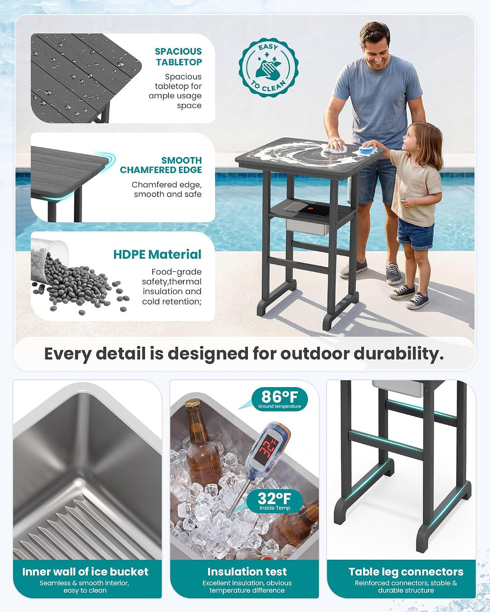 SERWALL 8 Pieces Outdoor Bar Chairs Table with Ice Bucket Set, Grey