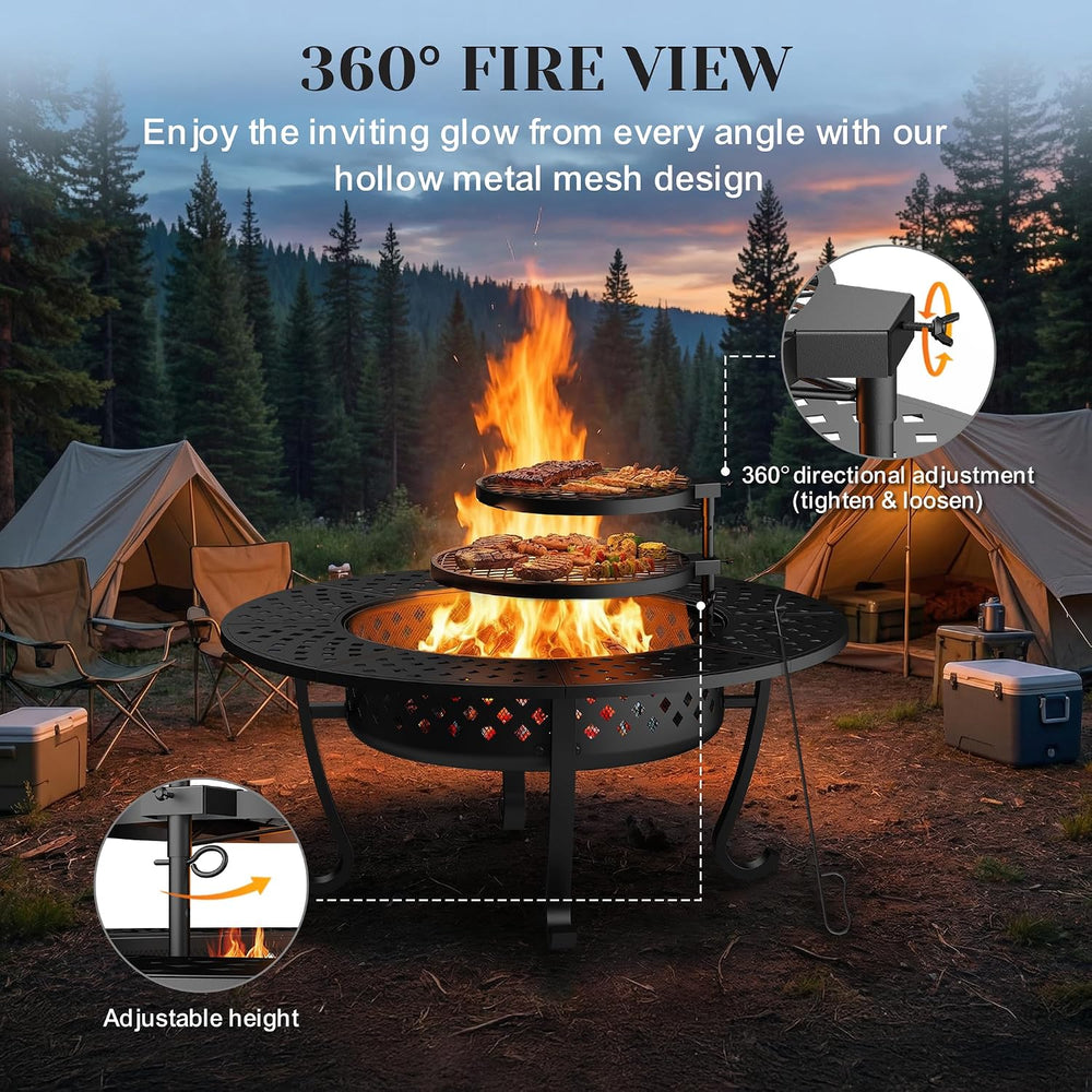 43" Fire Pit for Outside Wood Burning, 3 in 1 Firepit with 2 Grills