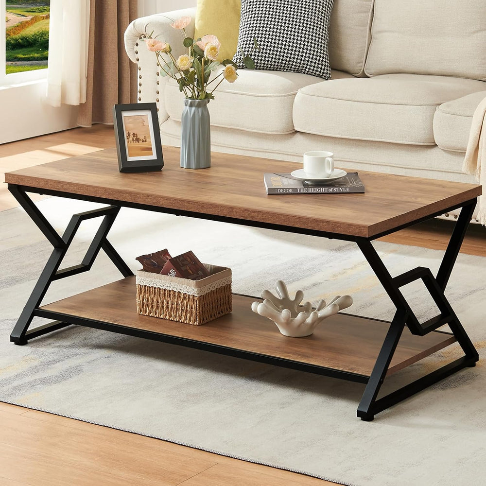 HOMISSUE Coffee Table, Rustic Rectangle Coffee Table with 2-Tier Storage, Eng...