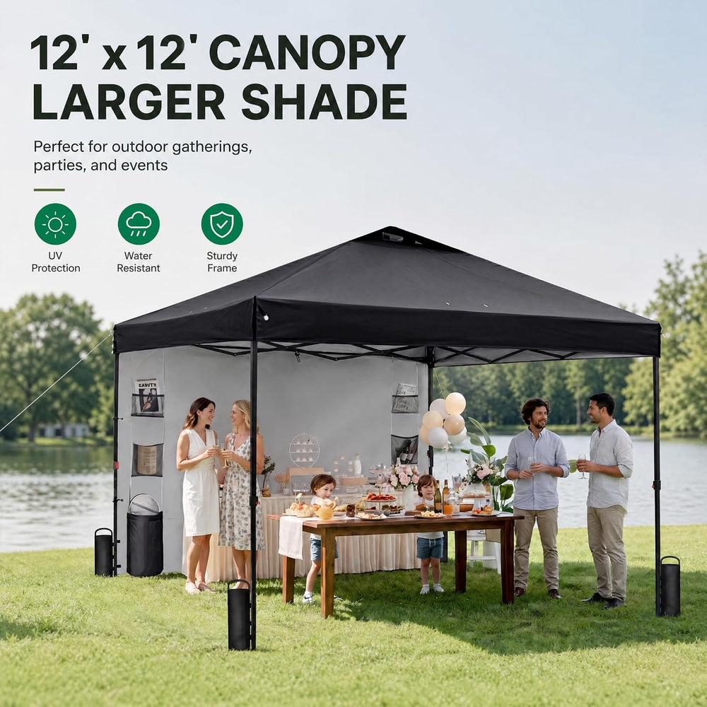 GAFETE Pop Up Canopy Tent Outdoor Sidewall One Push (Black, 12X12)