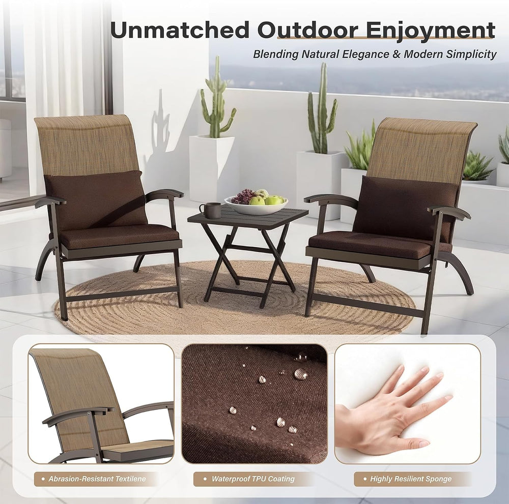 3 Piece Patio Furniture Set, Foldable Textilene Bistro chairs, Metal Table