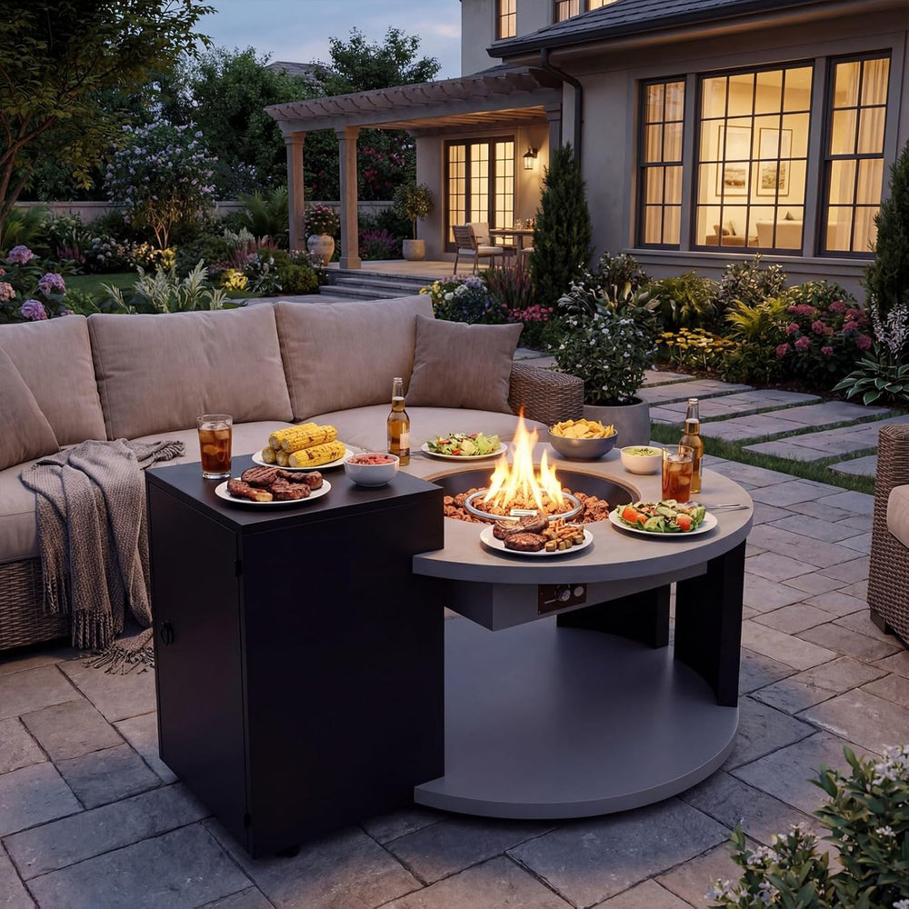 Round Outdoor Fire Table with Propane Tank Cabinet, 50000BTU Aluminum Alloy F...