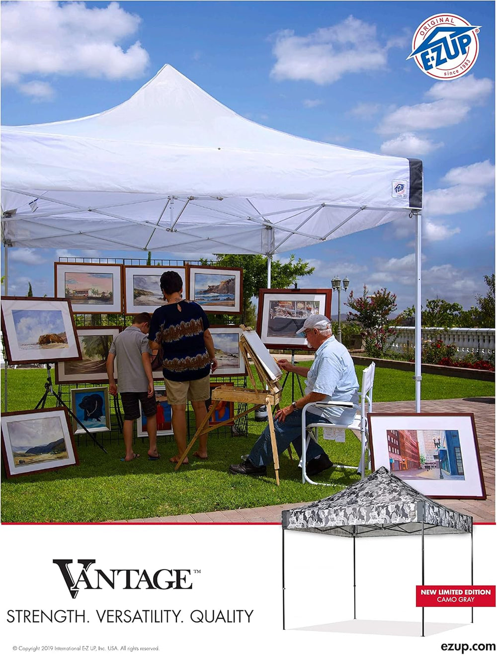 E-Z UP 10x10 Vantage Pop Up Canopy Tent, Steel Frame, Black Top, Wide-Trax Ro...