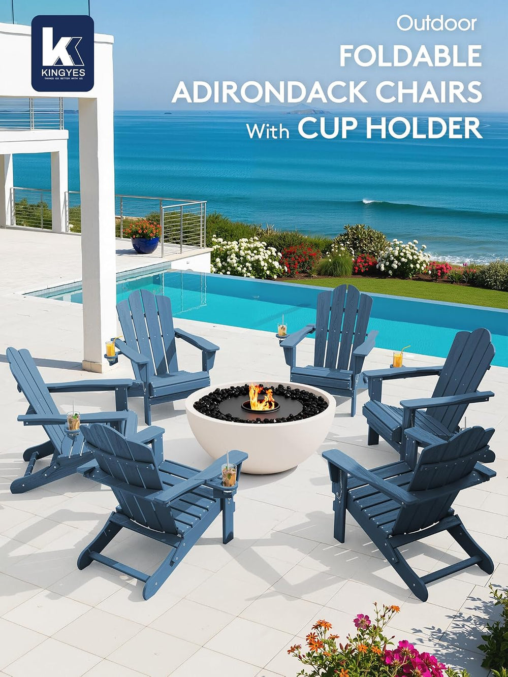 KINGYES Folding Adirondack Chair, All-Weather HDPE Material, Navy, 2 Pack