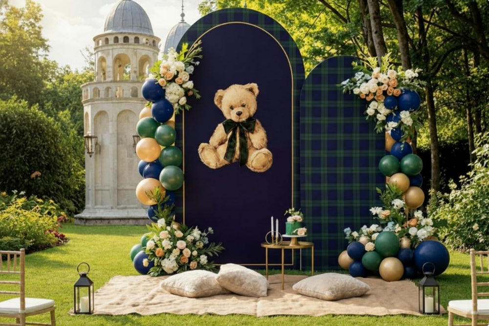 Moukeren Tartan Plaid Teddy Bear Arch Backdrop Cover 6ft and 7.2ft