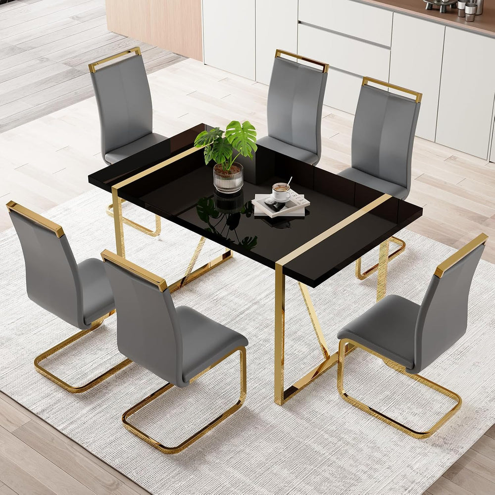Modern Dining Table Set for 6, 55'' Dining Room Table Set with 6 Faux...