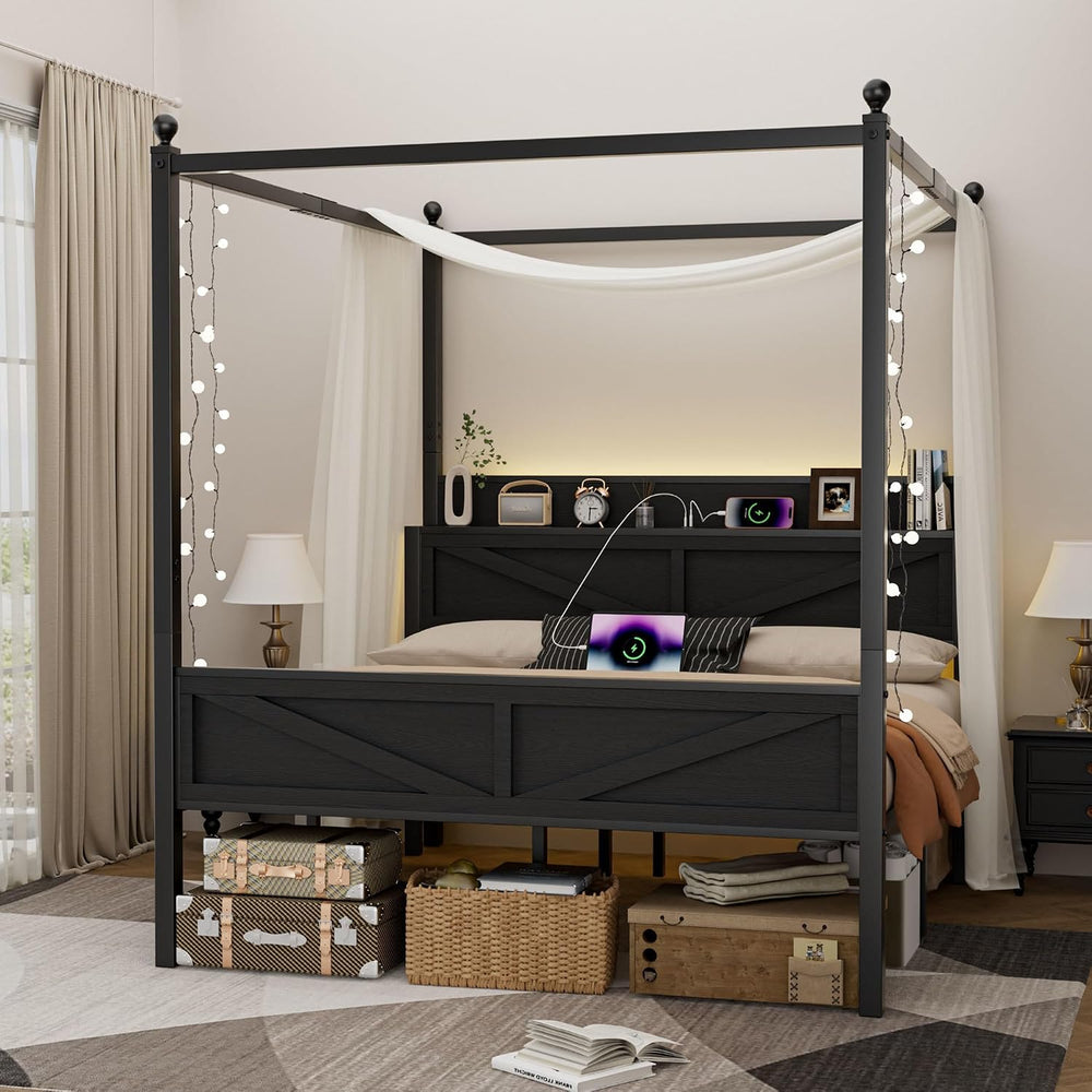 Canopy Bed Frame Full Size with Storage Headboard, Black