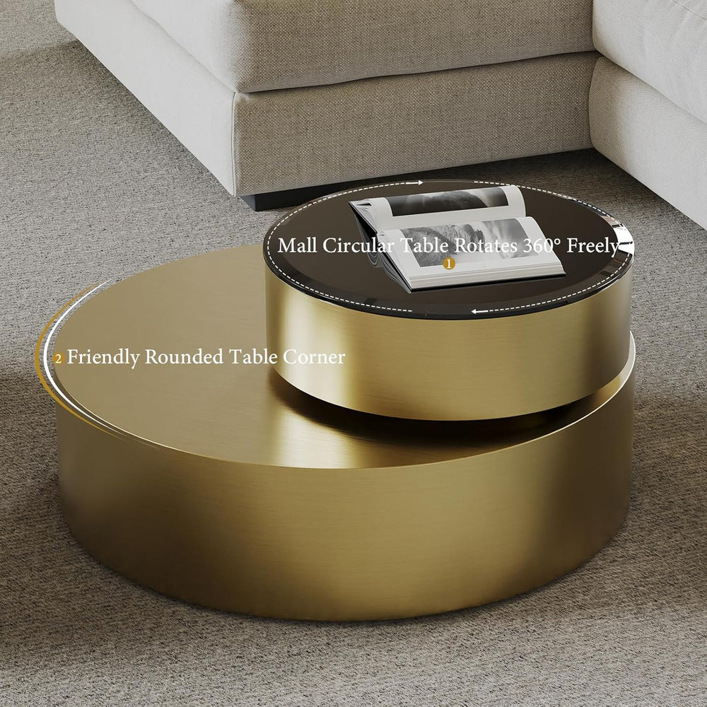 Brass Round Rotatable Top Coffee Table, 2 Tier Circle Coffee Table with 360° ...