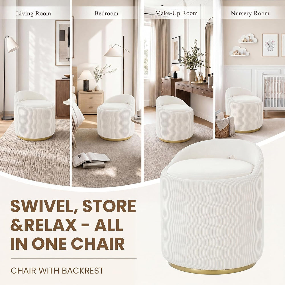 MALOL Vanity Chair with Storage, 360° Swivel Velvet Vanity Stool, Beige