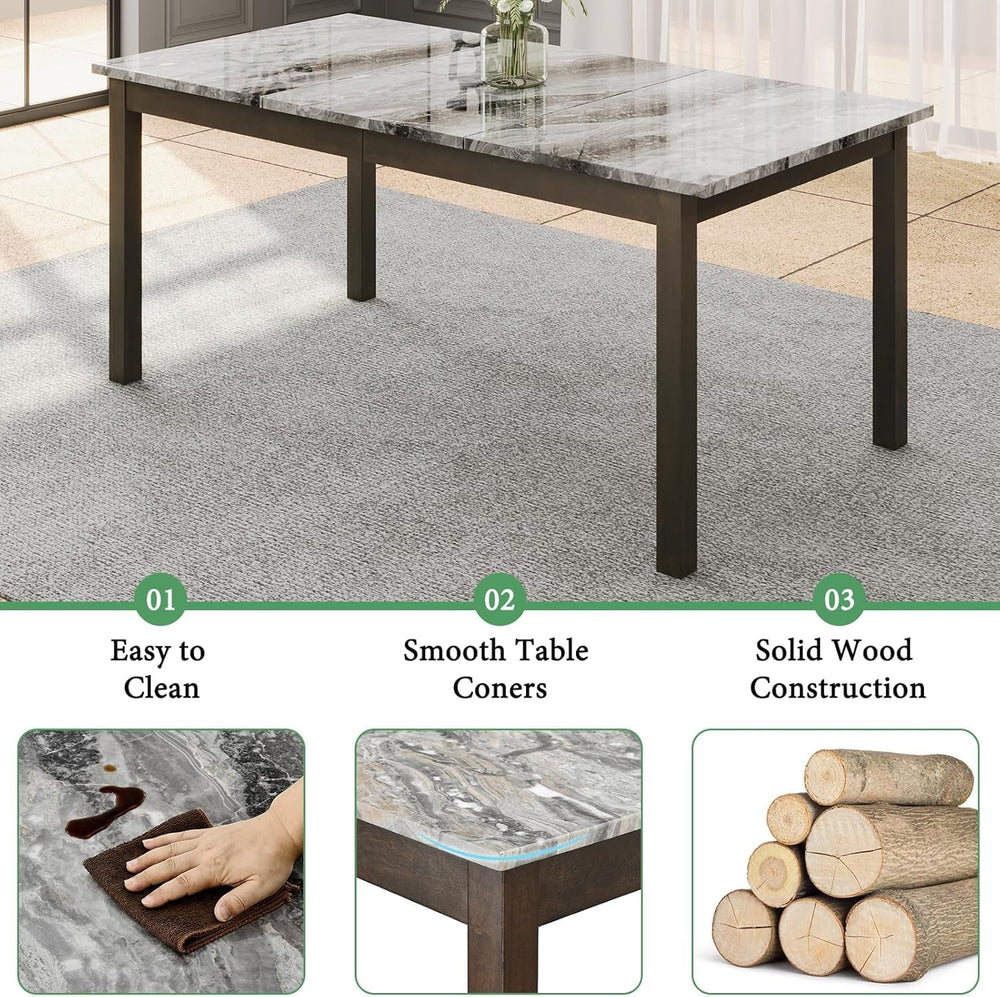 AMERLIFE 7-Piece Dining Table Set, 71" Faux Marble Modern Table, Dark Brown