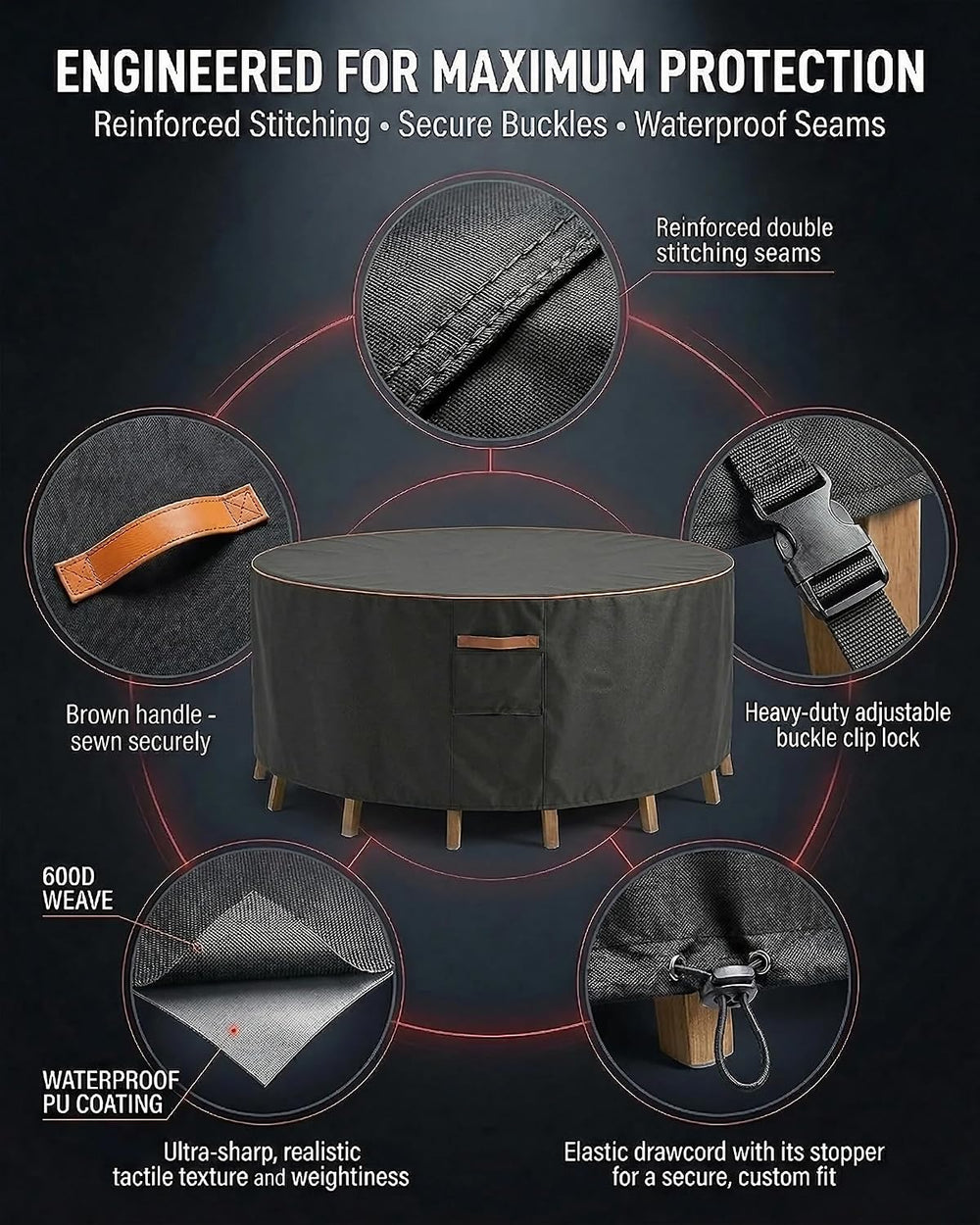 Round Outdoor Patio Furniture Cover, Heavy Duty 600D Waterproof Cover for Tab...