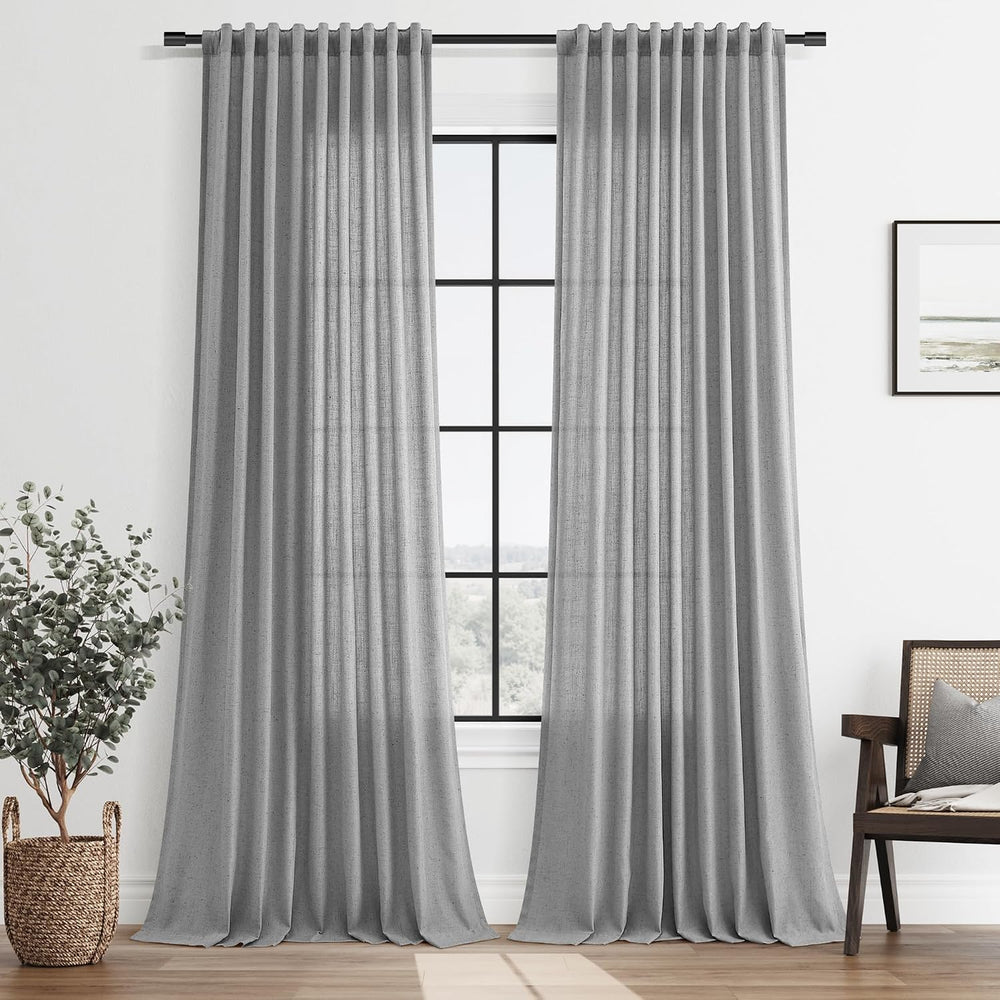 SMABU Linen Curtains 90 Inch Long for Living Room Hook Belt 2 Panels Gray