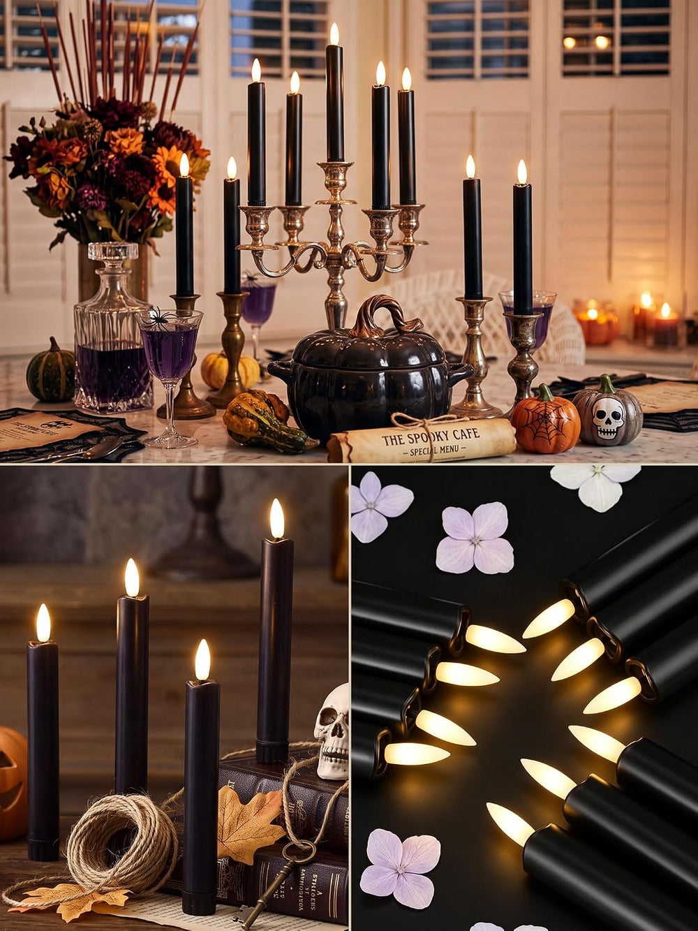 Funtery 24 Pcs Halloween Black Flameless Taper Candles with Remote Timer