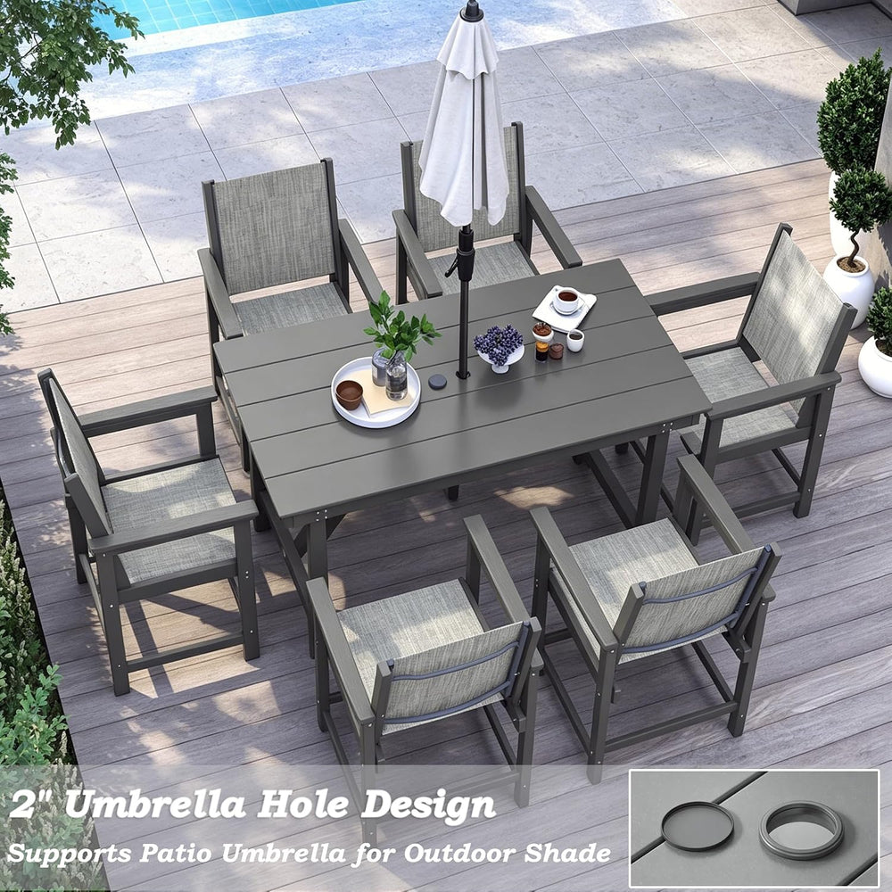 7 Pcs HDPE Outdoor Dining Set for 6 Patio Umbrella Hole Table and Chair Set