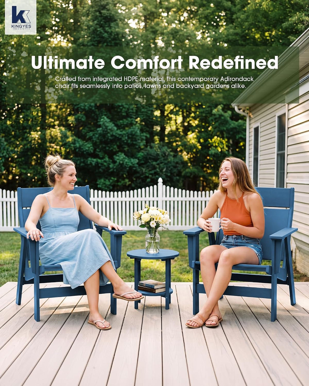 KINGYES Modern Adirondack Chair, Slateless Design, Navy
