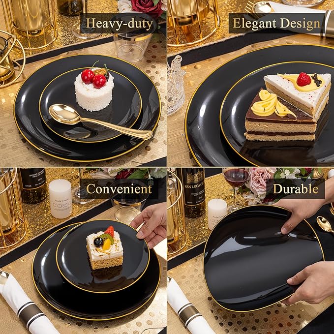 KIRE 175Pcs Black Plates Disposable - Heavy Duty Black and Gold Plastic Plate...