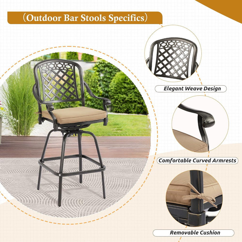 3-Piece Cast Aluminum Patio Bar Set, Outdoor Round High Top Table & 2 Swi...