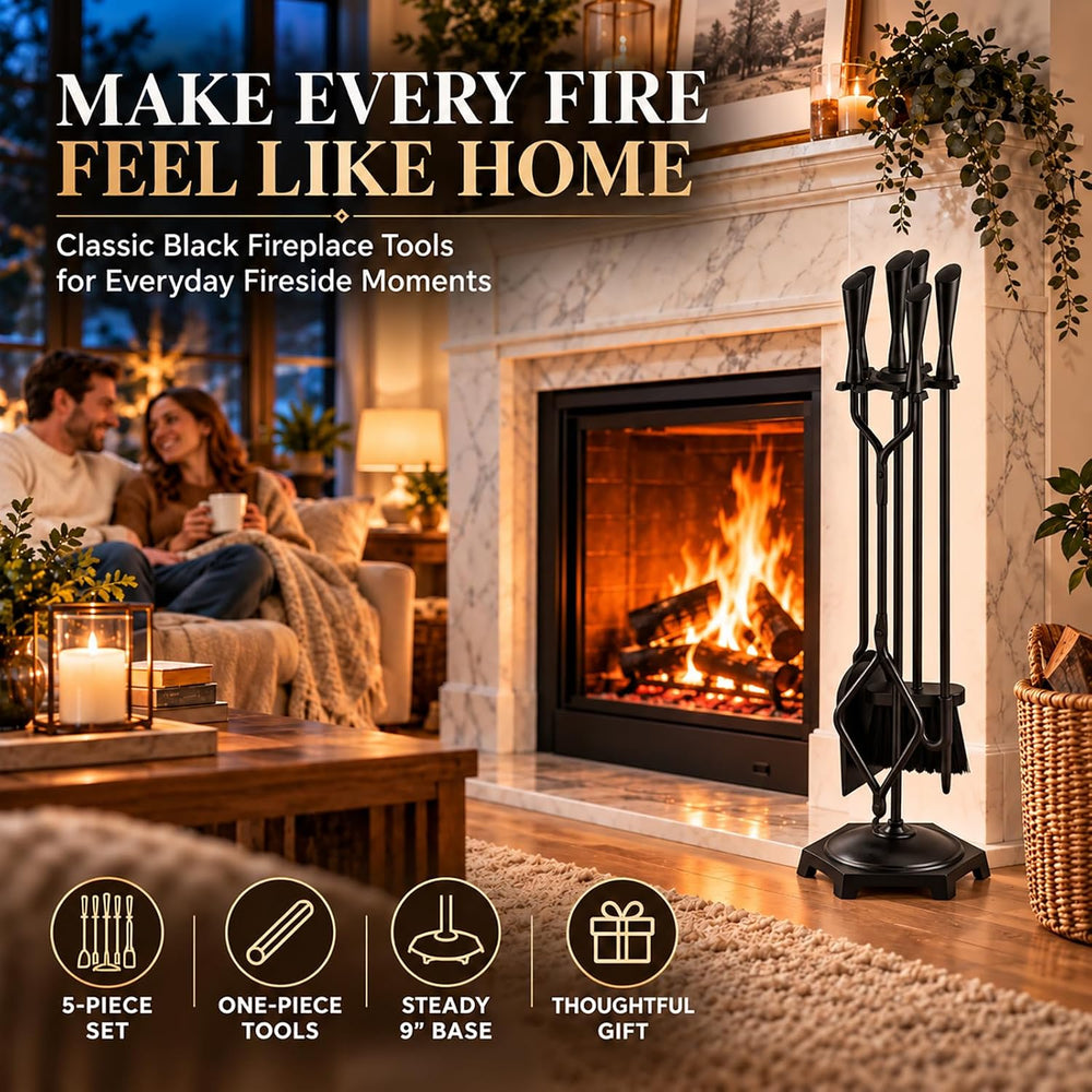 FEED GARDEN 5-Piece Fireplace Tools Set with Stand, Heavy Duty Wrought Iron