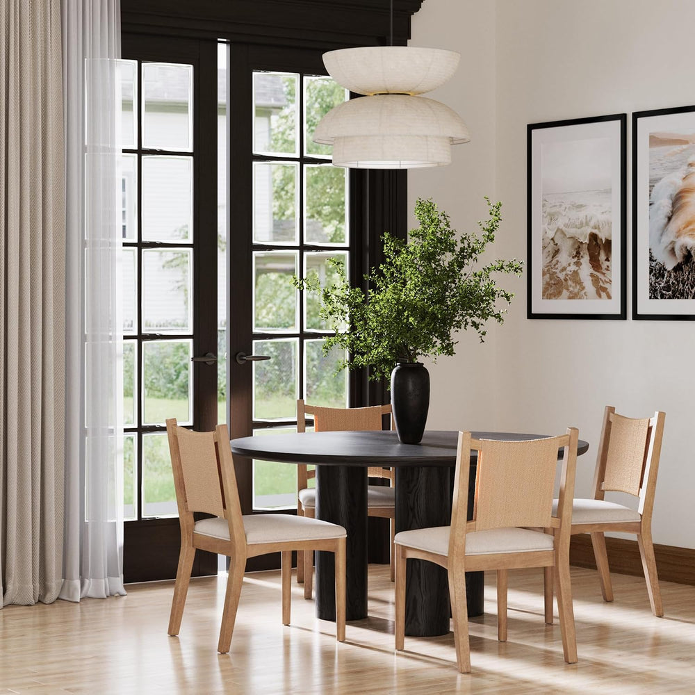 Nathan James Elodia Upholstered Dining Chair with Seagrass Back Solid Wood Mo...