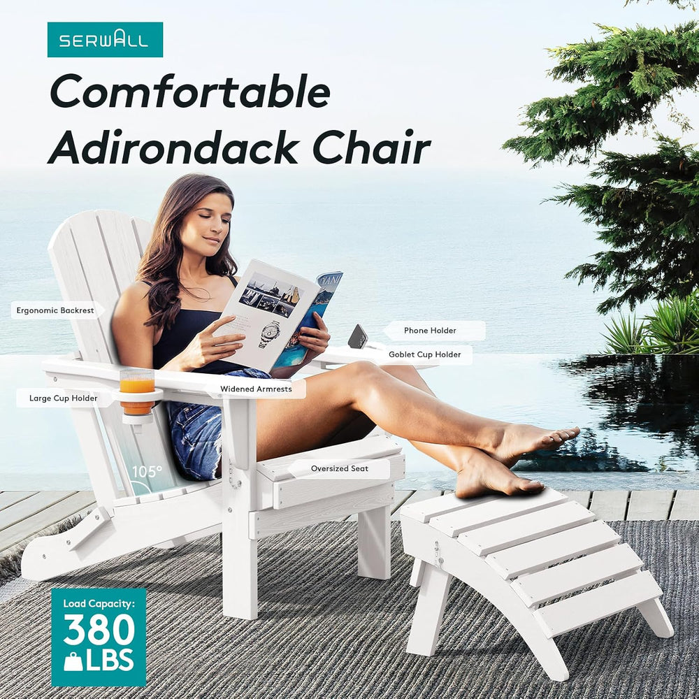 SERWALL Outdoor Adirondack Chair Set of 6 with Cup Holders,Foldable,White
