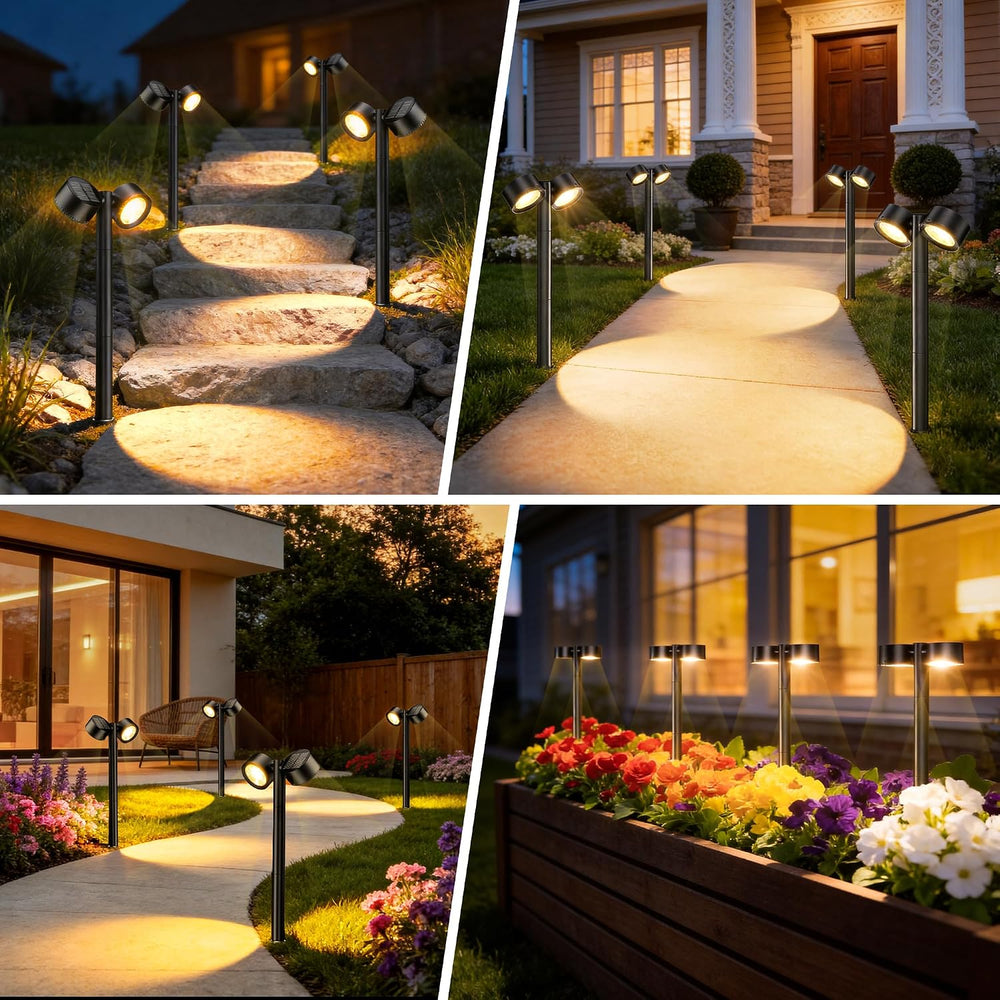 Solar Path Lights, Dual-Head with 2 Solar Panels & 2 Oversized Lenses
