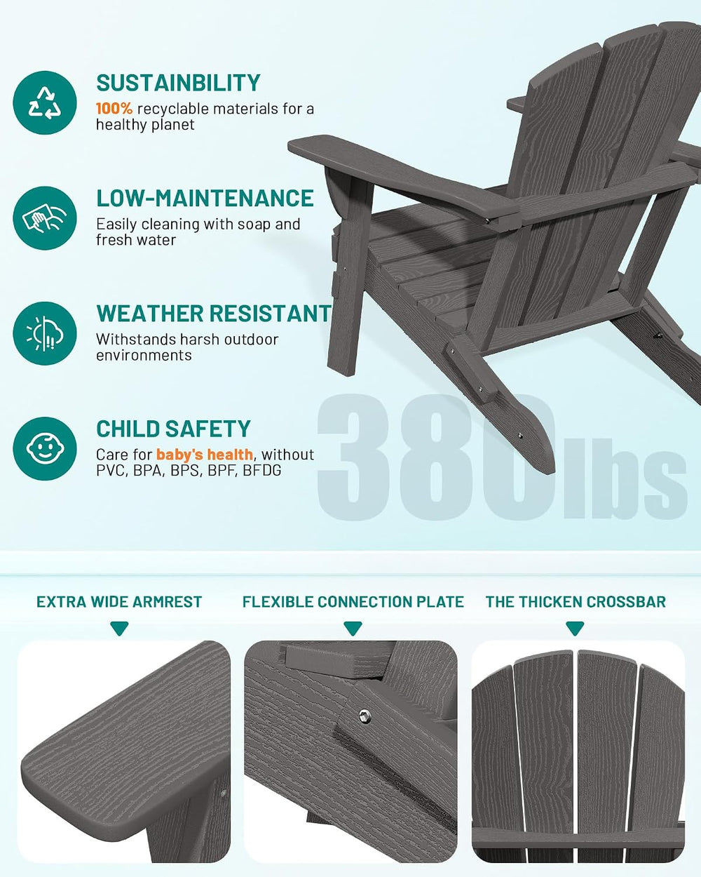 PLUUV Folding Adirondack Chair, HDPE Fire Pit Chairs with Cup Holder, Grey