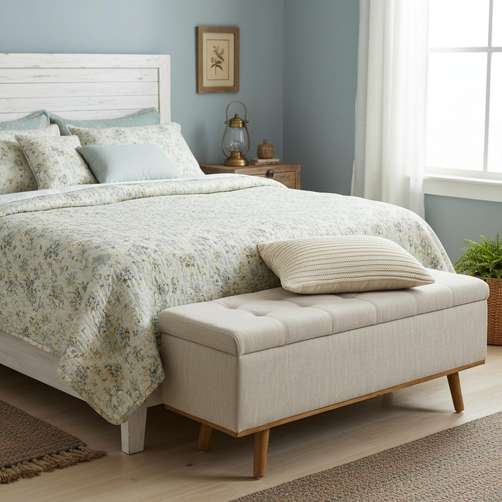 Storage Ottoman Bench, 45" End of Bed Bench, Beige