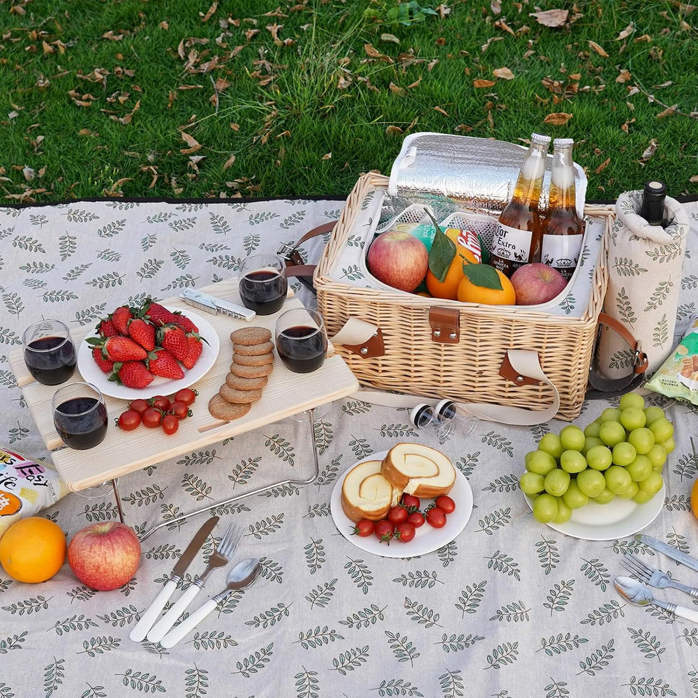 HappyPicnic Picnic Basket for 4, Handmade Wicker Picnic Set with Folding Tabl...